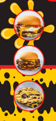 Three images of burgers and fries with melted cheese on a colorful background with yellow splashes.