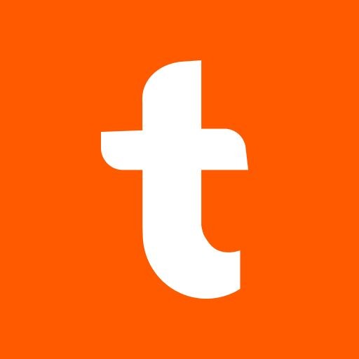 White lowercase letter 't' on an orange background.